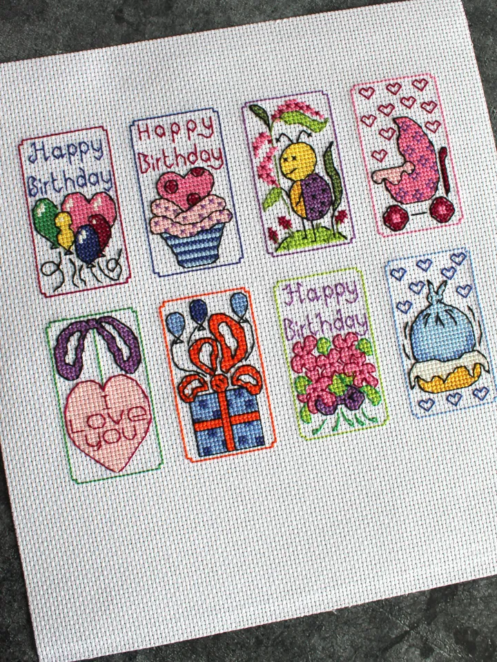 Set of 8 mini cross stitch patterns Happy Birthday, tiny cross stitch charts PDF