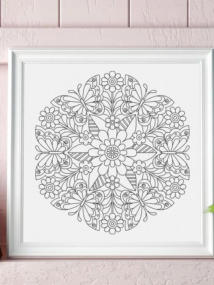 Floral mandala blackwork pattern PDF Blackwork mandala embroidery download PDF, Mandala butterfly Backstitch chart Blackwork embroidery #W19