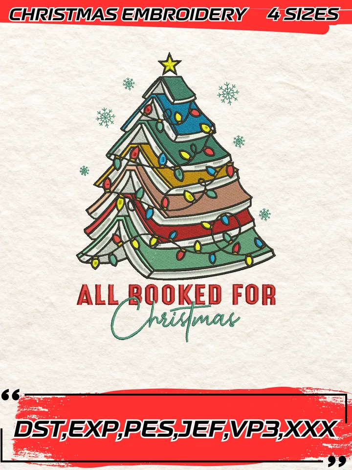 All Booked For Christmas Embroidery Designs,Christmas Embroidery Design,4 Sizes, Digital Download