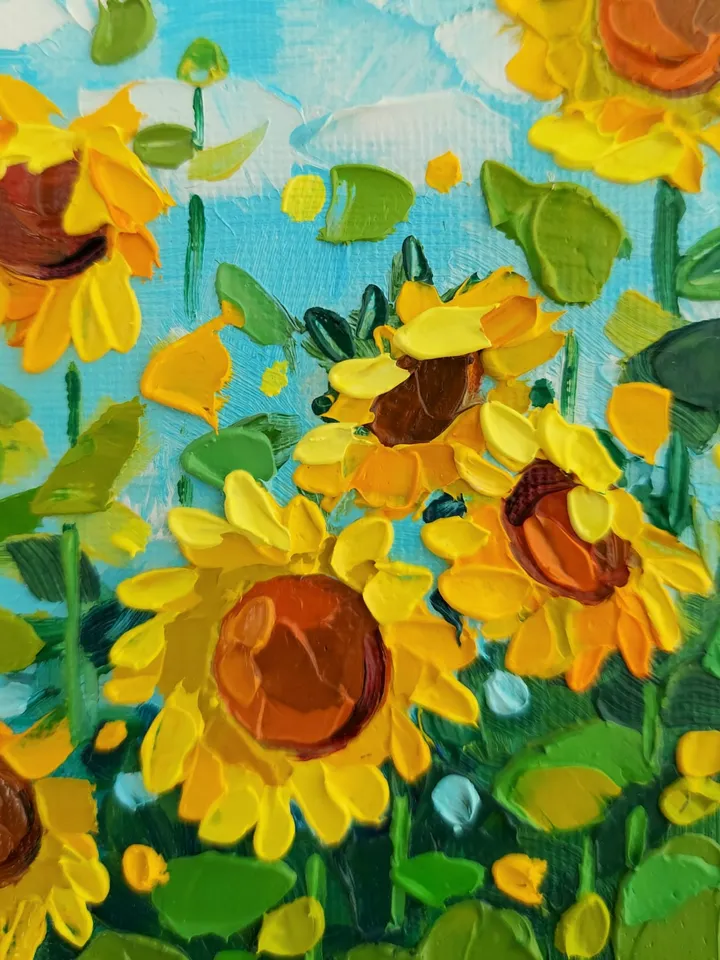 Sunflowers In The Field. Original Art. 6x6 inches.