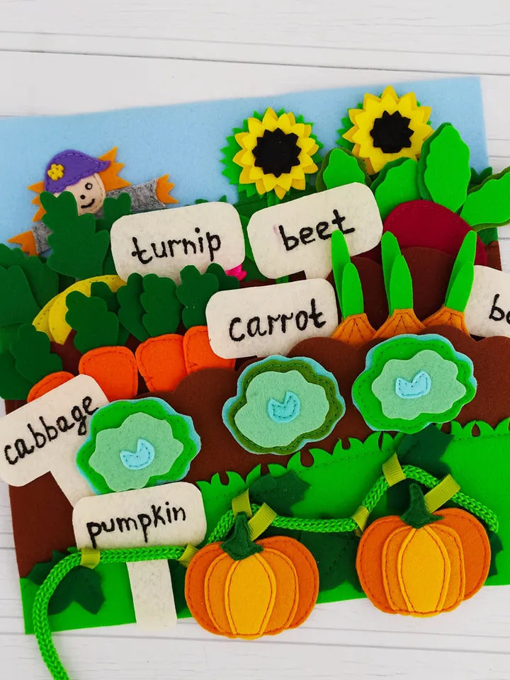 Garden Quiet book pattern, Felt book pattern, Felt vegetable pattern for kids, Soft montessori book sewing ideas for toddler