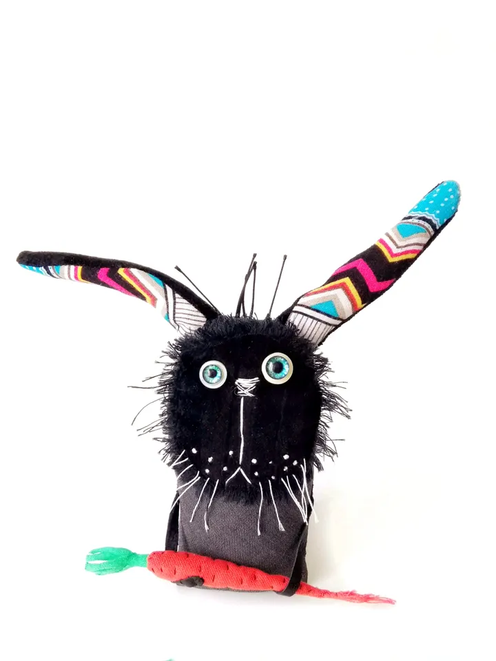 Handmade Quirky and Unique Fabric Art Doll Bunnies: One-of-a-Kind Fun Delightful Interior Decor Toys with a Spooky Twist. FREE SHIPPING!