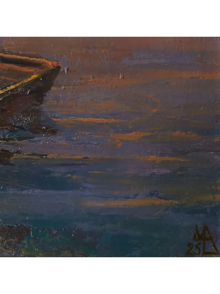 Boat in the Reeds Lake Painting 8,5x12" ORIGINAL PAINTING Sunset Landscape Impressionist Signed by artist Marina Chuchko