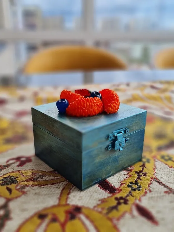 Handmade jewelry box Blue ring box One of a kind Fruits decor on lid Velvet roll