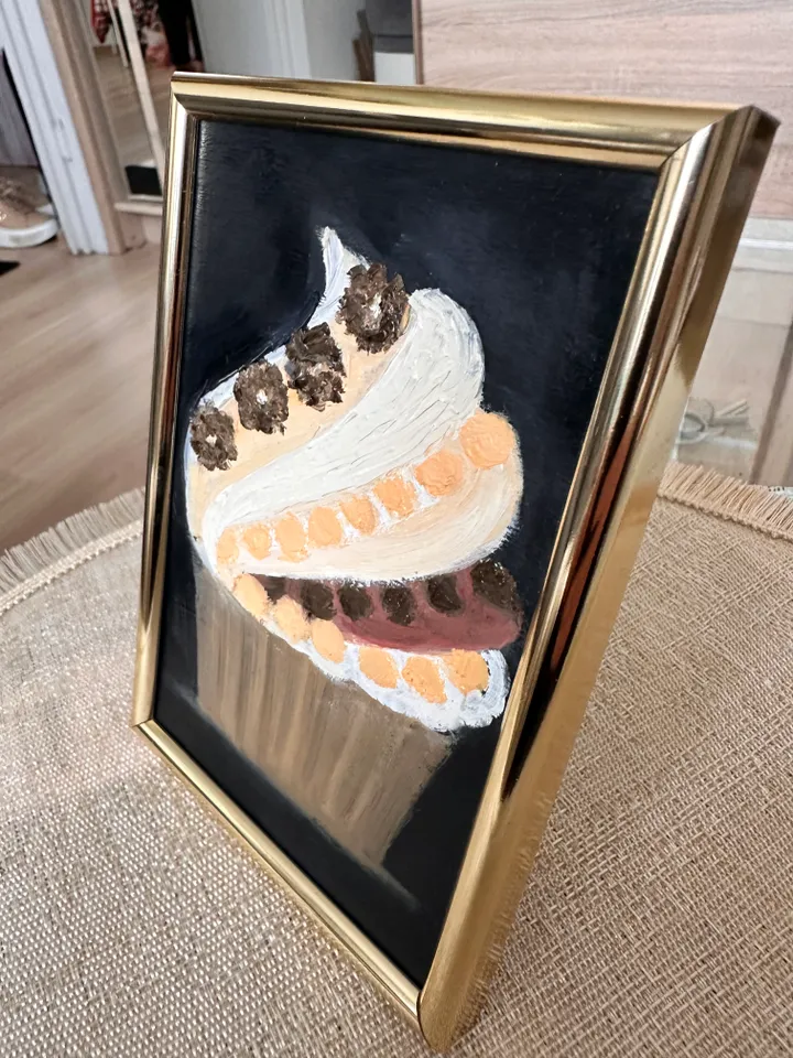 Oil Painting Cupcake Cake with Chocolate Balls Dessert Food Kitchen 15x10 cm 6x4 inch Cardboard Miniature Wall Decor Gift for Her