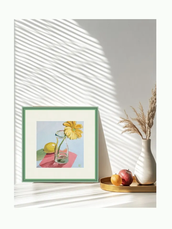 Original Small Oil Painting Still Life Yellow Flower and Lemon Artwork Lemon and Yellow Blossom Decor