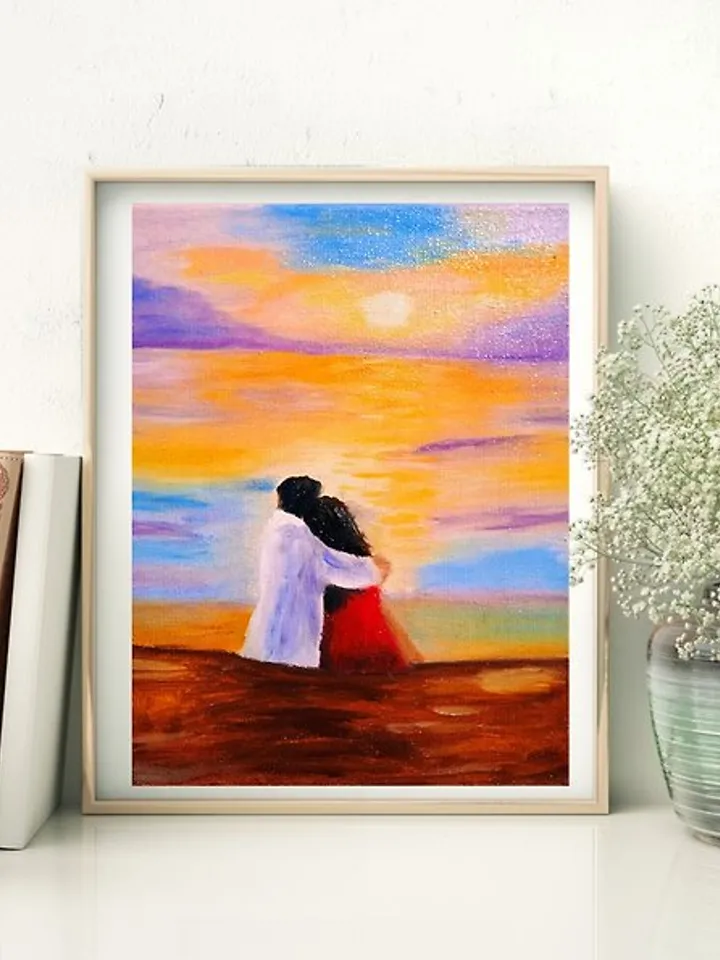 Painting with lovers on the seashore Sunset on the sea Romantic painting