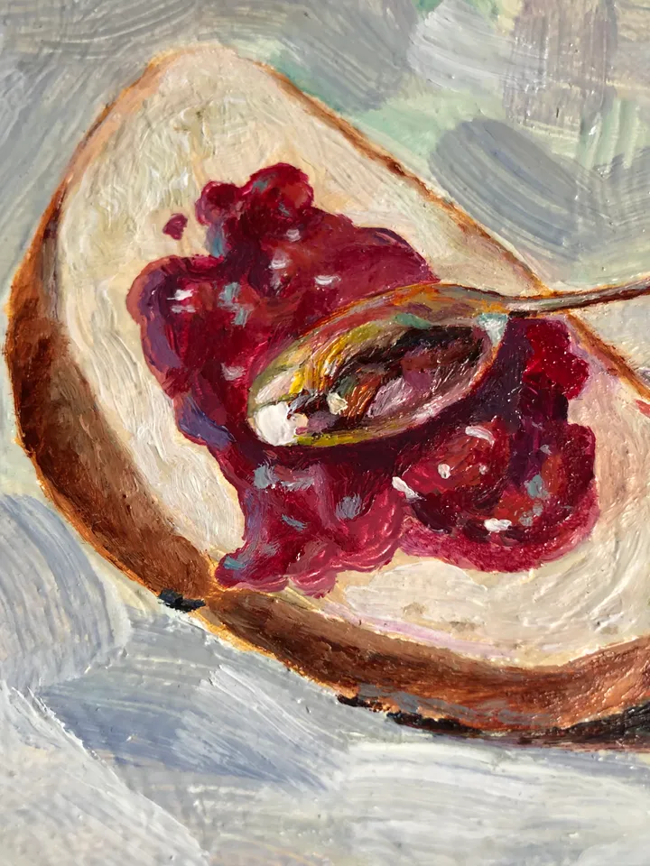Bun with jam food art modern painting original oil painting art painting 6 x 6 inches