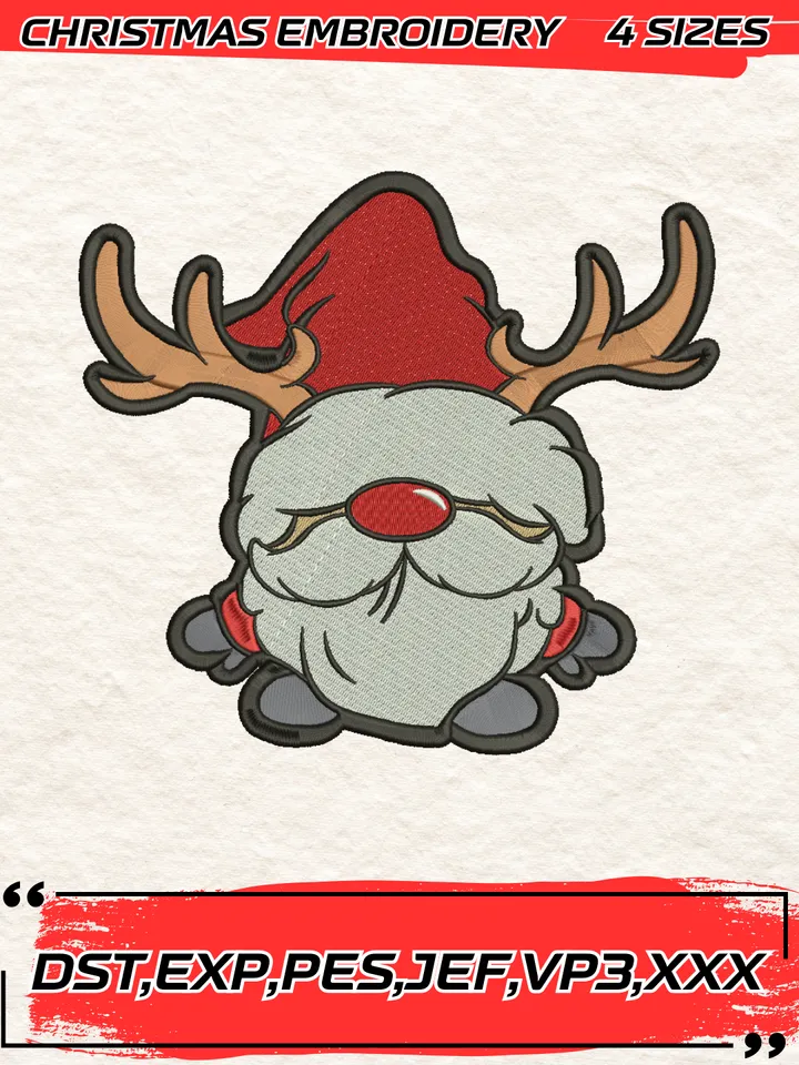 Christmas Gnome With Reindeer Horns Embroidery Design,Christmas Embroidery Design,4 Sizes, Digital Download