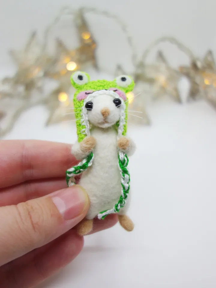Charlie the mouse, miniature needle felted white mouse in a frog hat, made to order