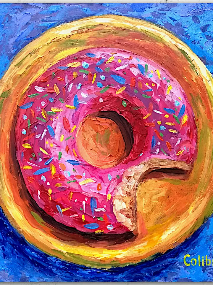 Breakfast Painting Donut Original Art Food Painting Small Kitchen Decor Sweet Art Miniature 8"x 8" By Colibri Art