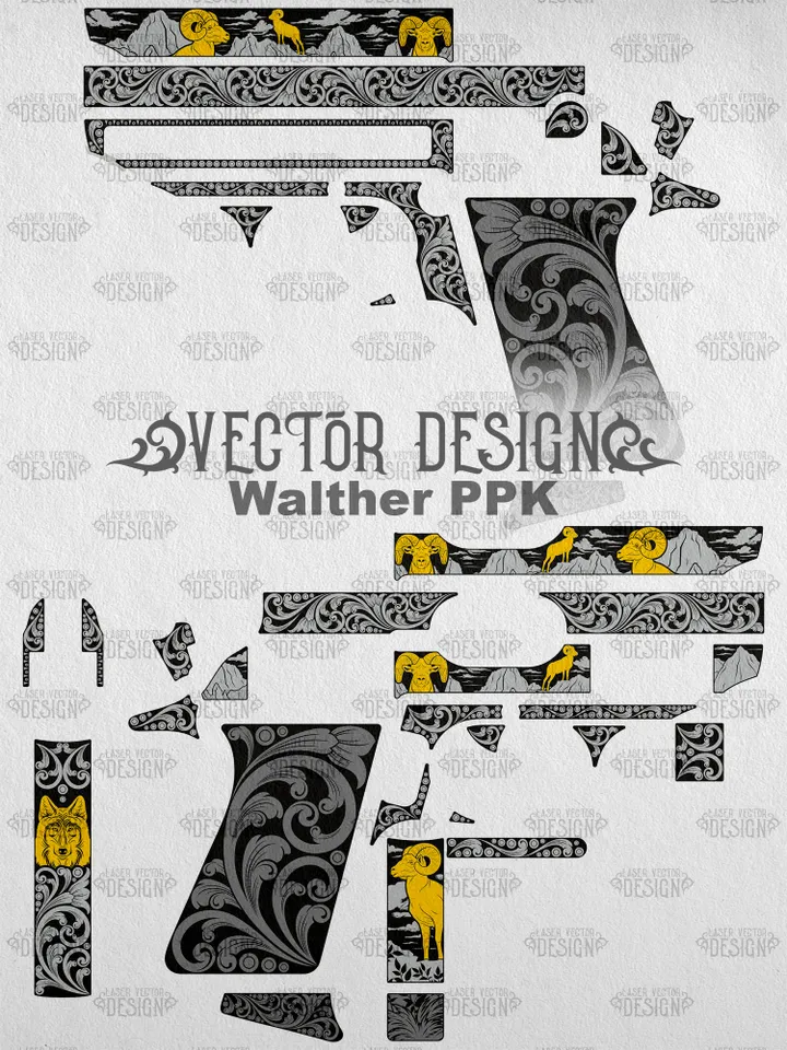 VECTOR DESIGN Walther PPK Mountain sheep and wolf