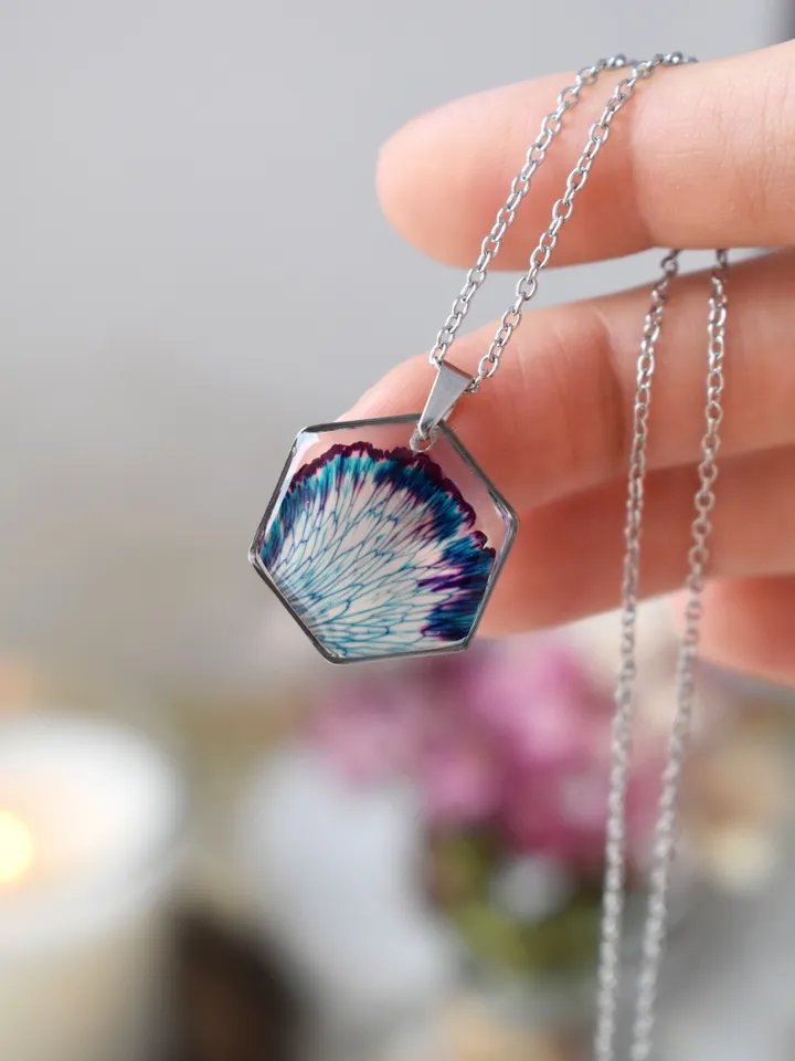 Real Dianthus necklace. Carnation pendant in resin. Forest Jewelry.