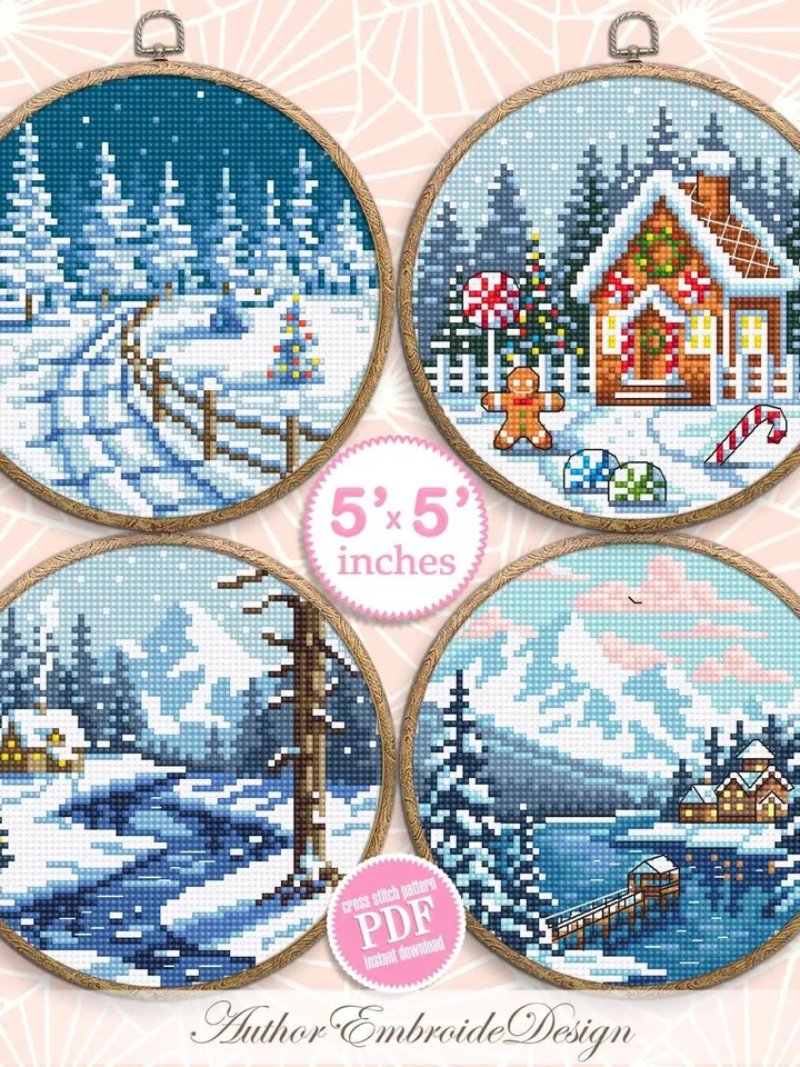 Set of 4 winter landscape cross stitch pattern PDF download Snow nature cross stitch chart Christmas pattern digital PDF Winter forest #N189