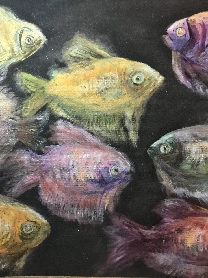 Fish aquarium painting, golden fish ,original watercolour and soft pastel painting,dark background.Home decoration.