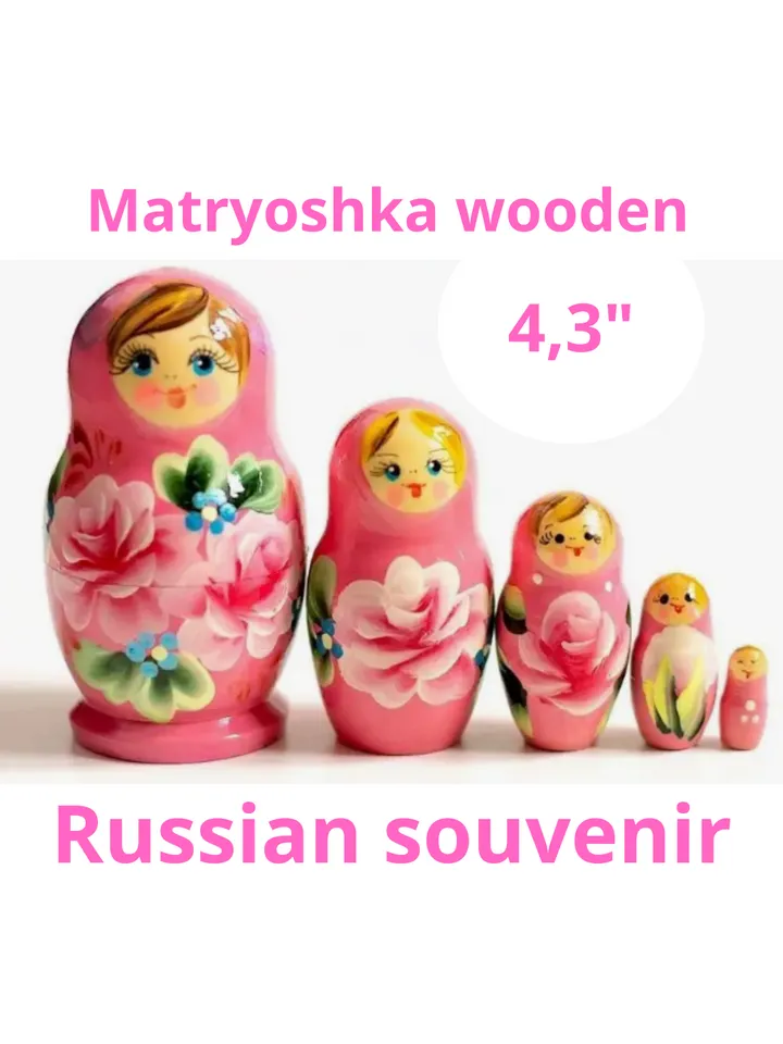Matryoshka wooden 4,3” souvenir. Set of 5 dolls in 1.