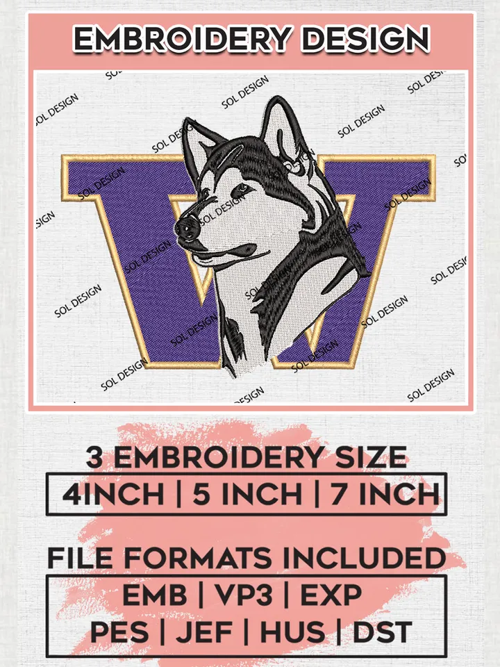 Washington Huskies Team Mascot Logo Embroidery Design Files, NCAA Washington Huskies Machine Embroidery, NCAA Teams, 3 sizes, NCAA Machine embroidery designs, Digital Download