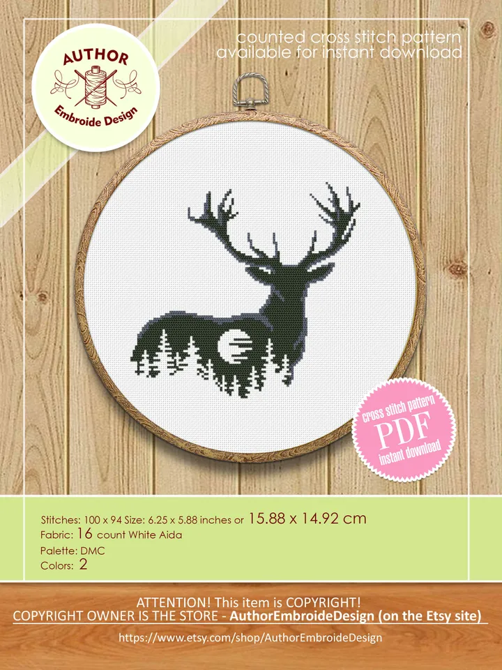 Deer silhouette cross stitch pattern download PDF Nature cross stitch chart, Deer hand embroidery PDF, Easy stitch beginner, Home decor #L52