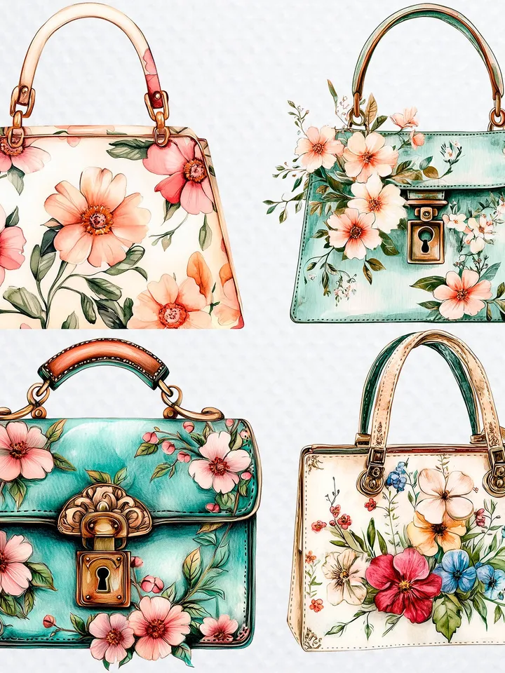 18 Floral Handbag PNG Bundle, Floral Purse, Floral Clutch, Printable Watercolor clipart for sublimation, Digital download, Paper craft