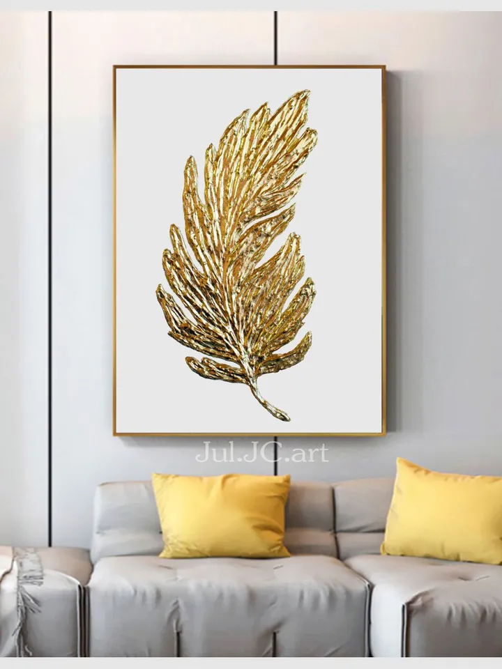Gold Feather Abstract Painting Modern wall decor Gold and White Wall Art on canvas Textured Artwork