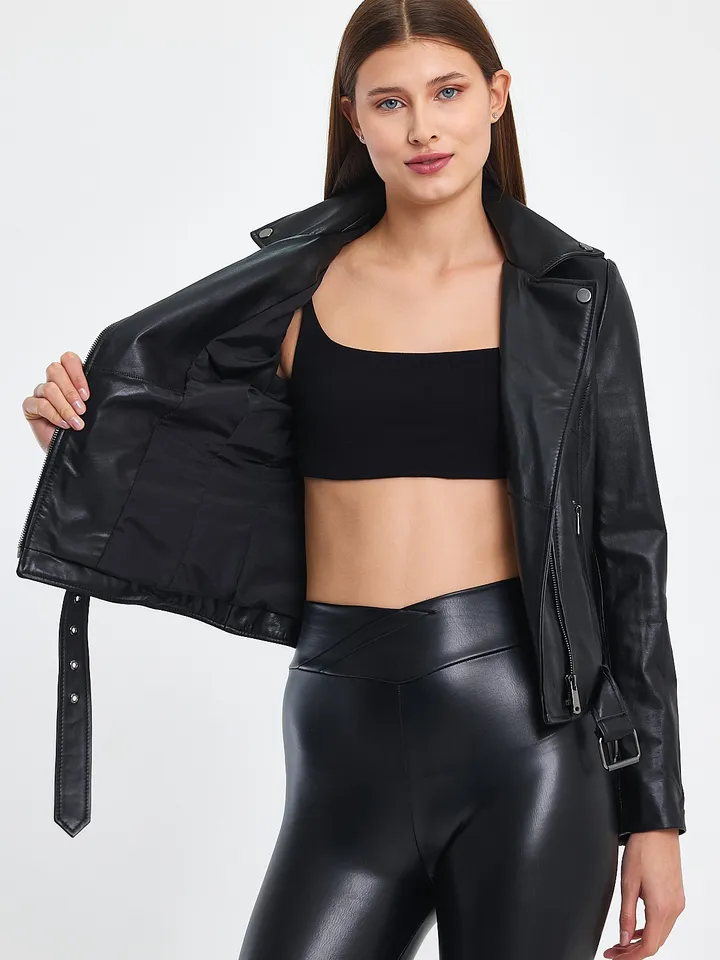 Women Biker Black Leather Jacket