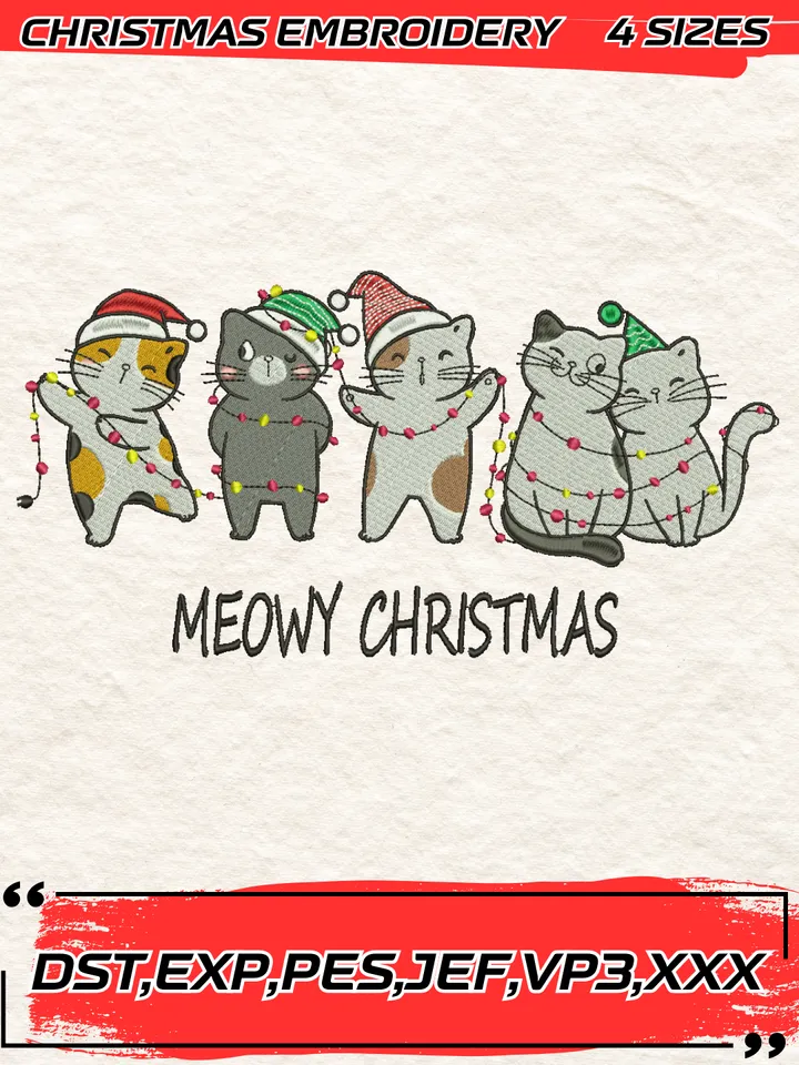 Funny Meowy Christmas Embroidery Design Embroidery Design,Christmas Embroidery Design,4 Sizes, Digital Download