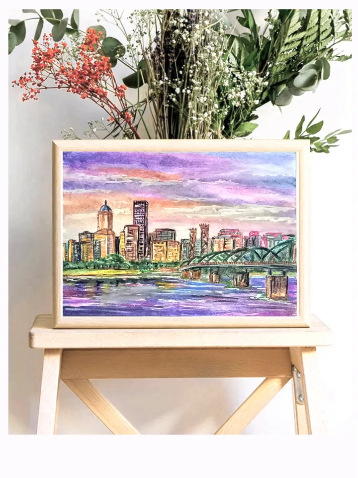 City Skyline Portland Oregon Painting Art
