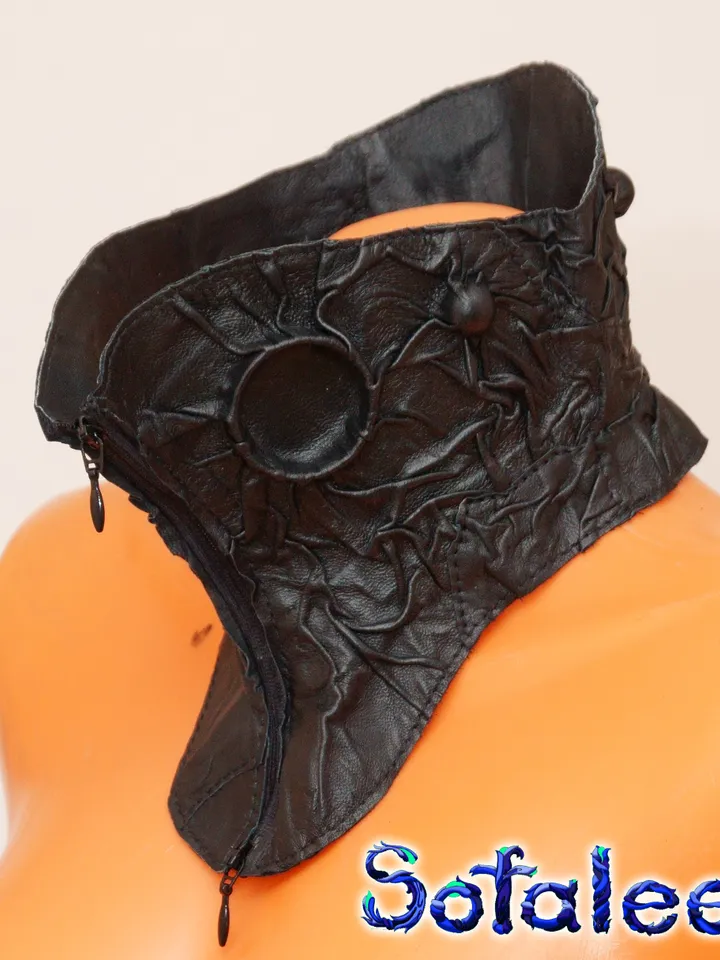 The unique genuine leather jacket 3/4 sleeves, wide bracelets, collar, cyberpunk style by Sofalee. The real leather coat