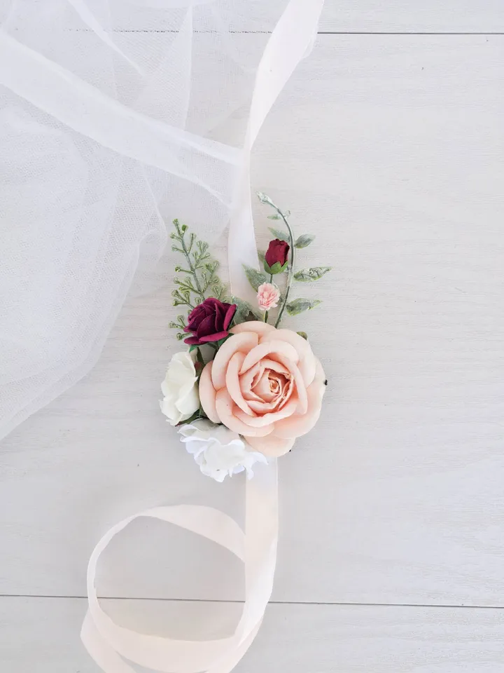 Blush Burgundy corsage, Bridesmaid corsage, Bridal corsage, Wedding corsage, Blush rose corsage, Mothers corsage