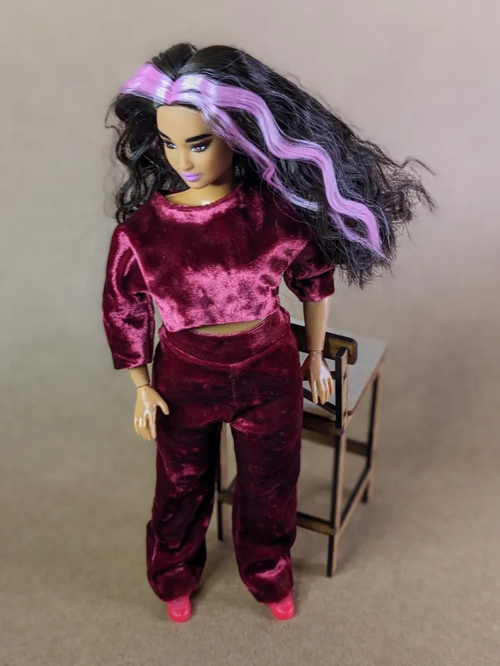 Handmade casual red velvet two-piece set (long-sleeve and pants) for 1/6 scale fashion female dolls