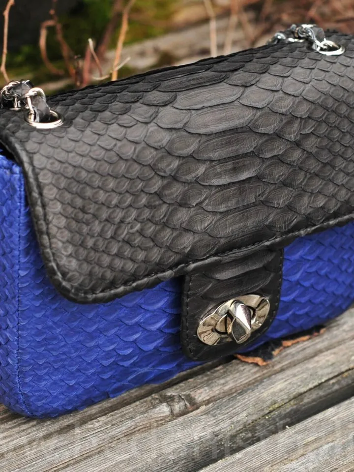 Genuine Python Skin crossbody black and blue bag | Adjustable Chain Classy Elegant Crossbody Small Lady Classy Bag | Python ColorblockPurse