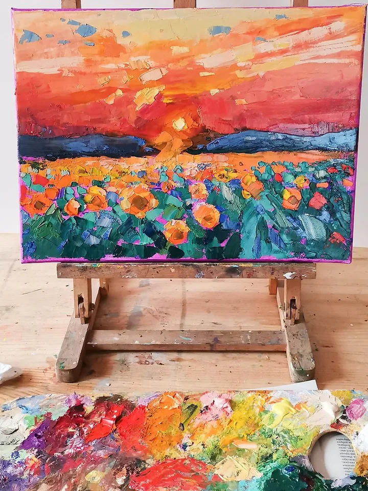 Sunflower Field Painting Original Art Impasto Oil Painting Landscape Verafe