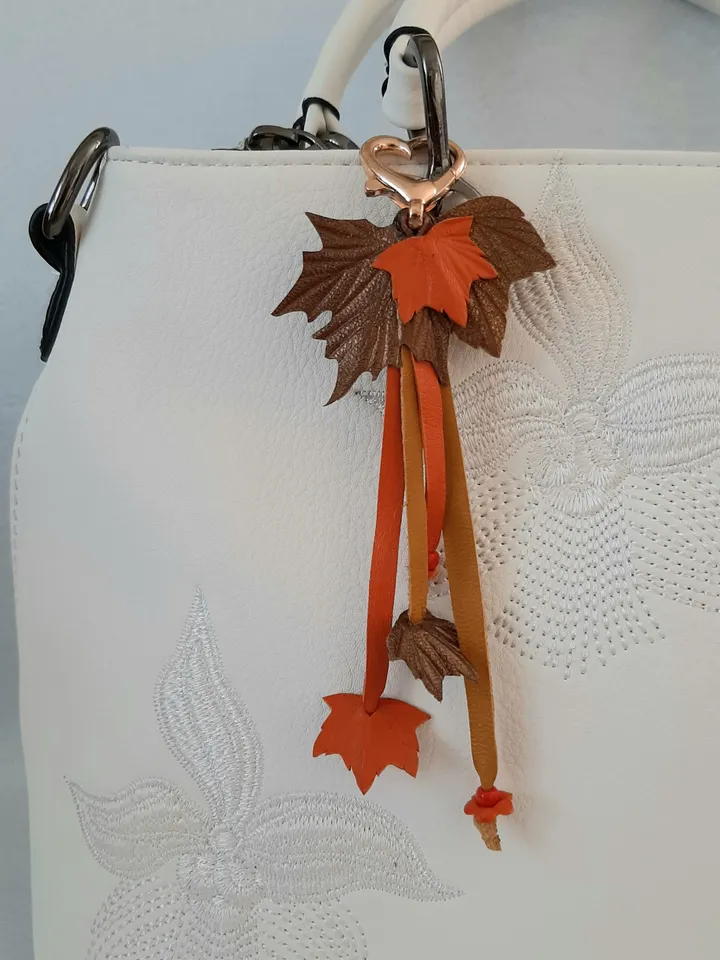 Orange maple Leaf Keychain Leather tassel charm Leather Pendant, art 11