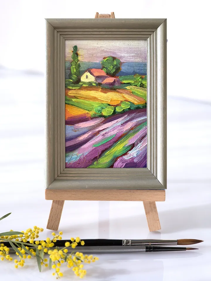 Lavender Fields Painting Tuscany Original Art Landscape Oil Painting Impasto Small Artwork 4x6 Tuscan Serenity Painting Wild Flowers