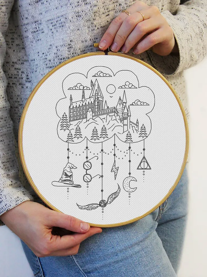 Magic castle blackwork patterns PDF Wizard school cross stitch chart, Dreamcatcher hand embroidery PDF download, Fandom cross stitch #W15