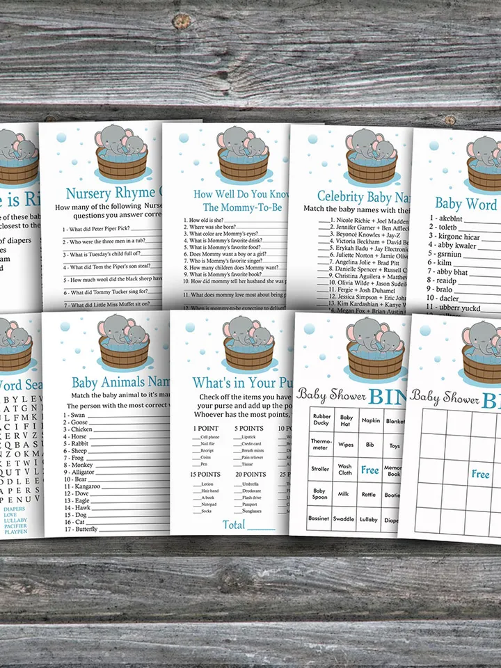 Baby Elephant baby shower games bundle,Elephant Baby Shower games package,Fun Baby Shower Games,9 Printable Games-303