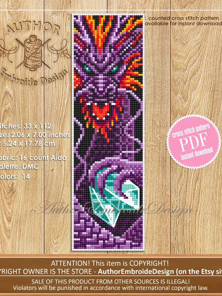 Dragon bookmark cross stitch pattern PDF download Fantasy purple dragon cross stitch chart, Chinese dragon pattern, Chinese New Year #B274