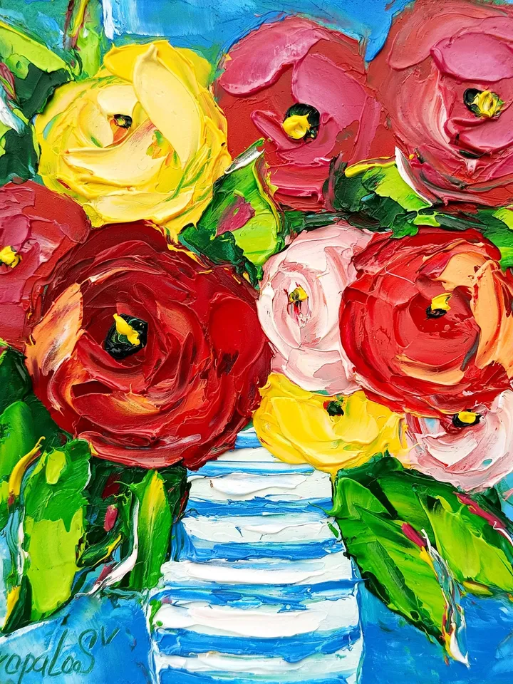 Kandinsky Flowers Peony Painting Floral Original Art Impasto Oil Peonies Artwork Flowers Small Wall Art Impressionist Red by ArtProkopaloSv