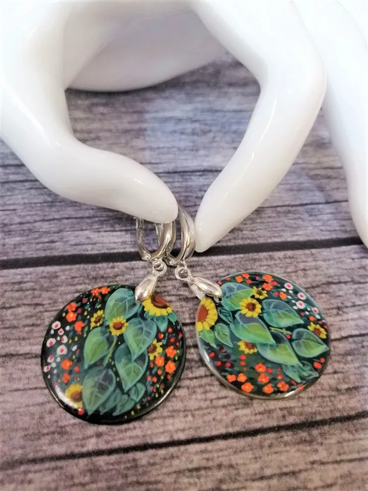 Pearl earrings: Garden flowers and Sunflower hand painted on green mother of pearl earrings • Elegant handcrafted jewelry • Stylish art gift