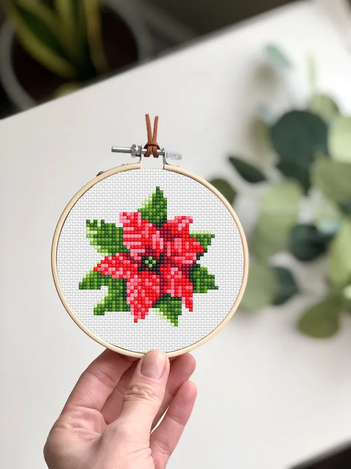 Small Christmas poinsettia cross stitch pattern download PDF Mini cross stitch chart, Christmas pattern digital PDF, Poinsettia xstitch #N5