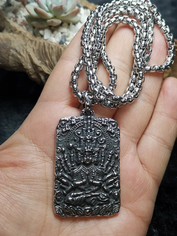Gandhanra Handmade Titanium Steel Amulet Tag Necklace,Chenrezig,Padmapani,Avalokitesvara, Tibetan Buddhist Jewelry,Protection Necklace