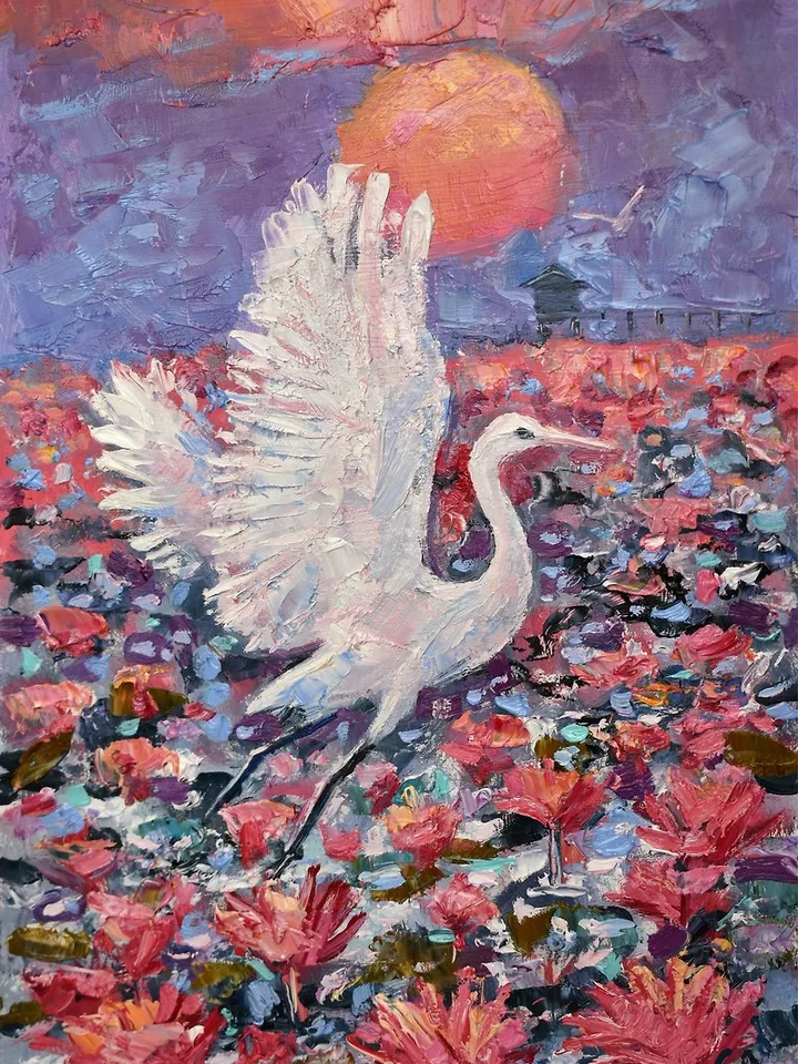 Heron Painting Thailand Original Art Red Lotus Artwork Bird Small Impasto Lake
