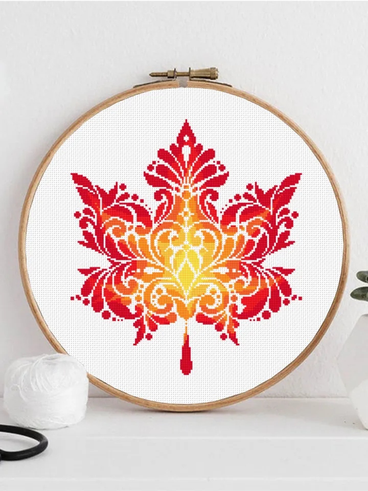 Maple leaf mandala cross stitch pattern PDF download Autumn leaf cross stitch chart, Fall hand embroidery PDF, Vintage leaf ornament #M211