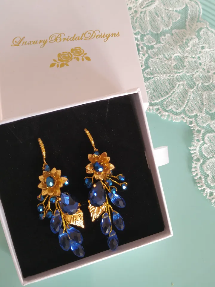Gorgeous Blue Sapphire Gold Wedding Earrings Bracelet Jewelry Set , Floral Boho Bridal Earrings, Chandelier Statement Bohemian Earrings,