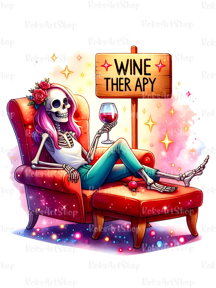Wine therapy sublimation design, Sarcastic skeleton tshirt design, Snarky skeleton sublimation design, Girls tshirt design