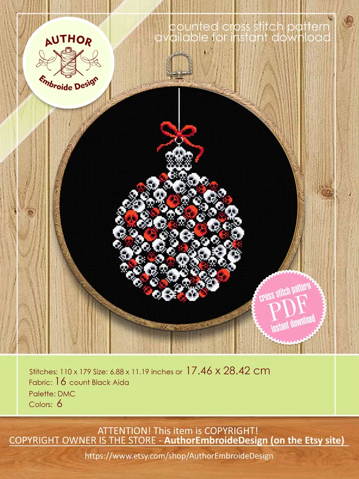 Horror Christmas ball cross stitch pattern download PDF, Halloween Christmas pattern digital PDF, Gothic ornament cross stitch chart #N81