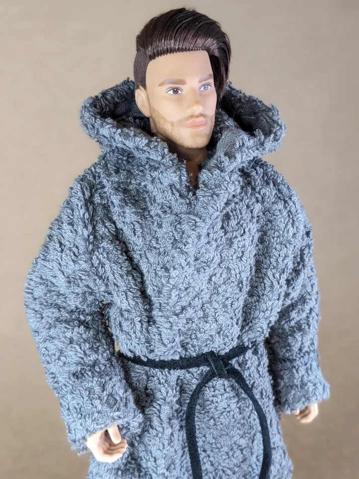 Gray terry bathrobe with a hood for 12-inch fashion male doll