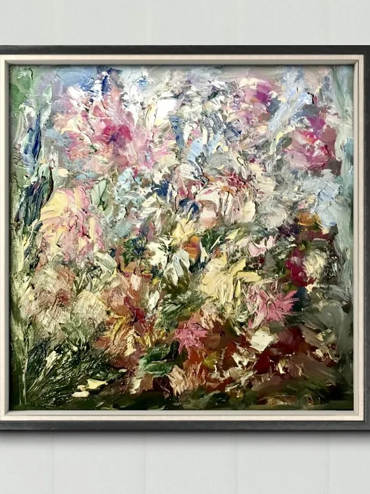 Semi - Abstract pink and yellow flower garden,original impressionistic oil painting on small canvas,unique art gift,home decoration