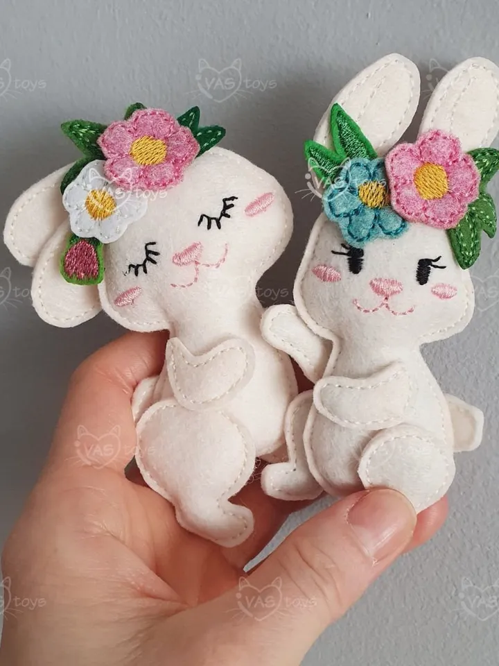 ITH Easter Bunny with Flowers Embroidery Design, Felt Rabbit Soft Toy Pattern Pack, 4x4 Hoop Digital File