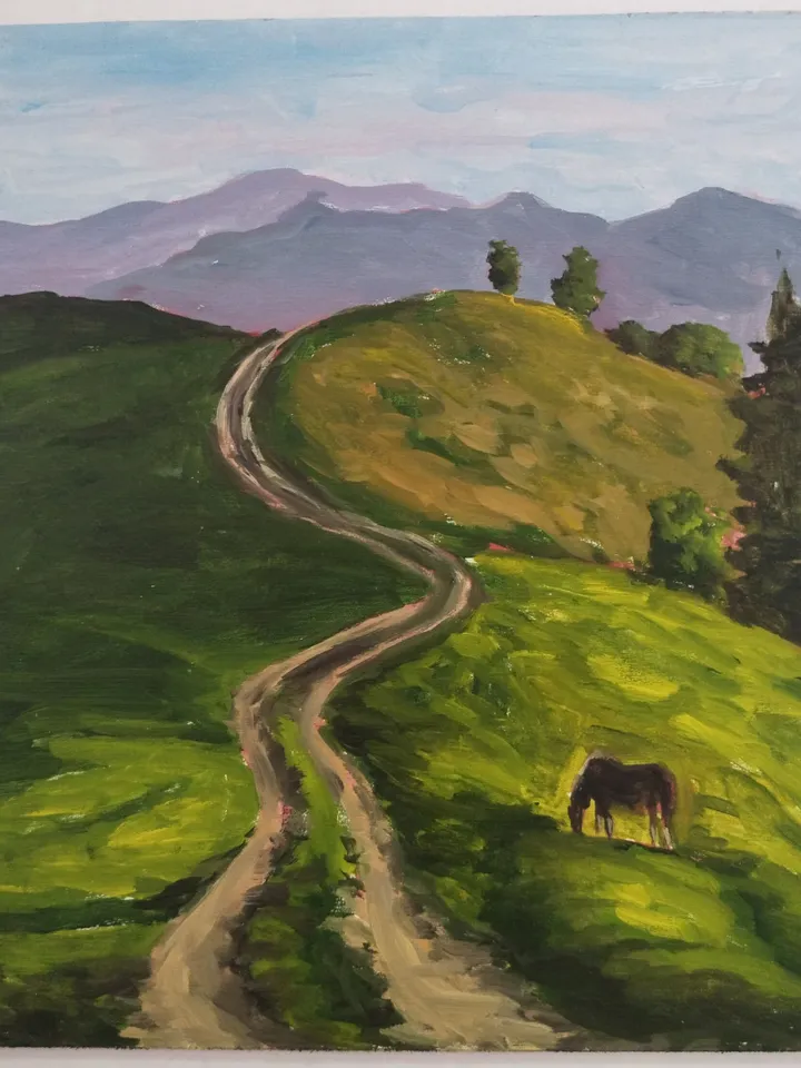 Landscape oil painting Green hills with horse Wallart on panel